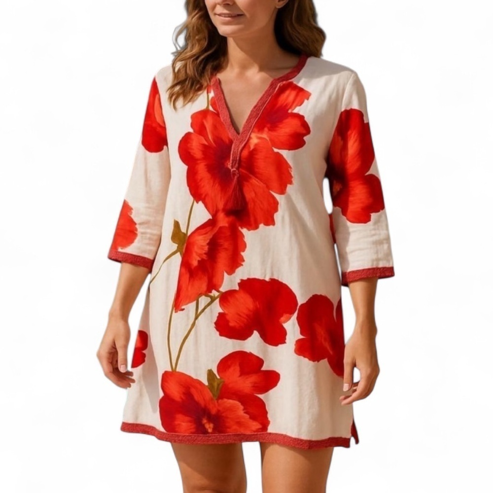 Caute Blue Floral LS 100% Cotton Cover Up Tassle White Red Size 1X